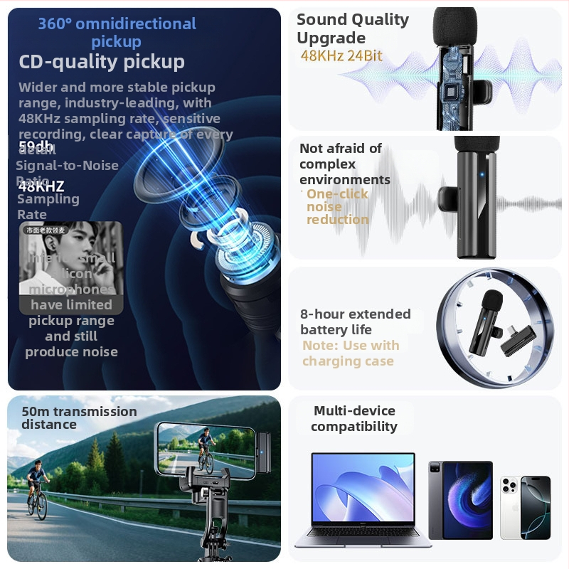 Lavalier mikrofons ar iebūvētu akumulatoru 50–100 mAh; frekvenču diapazons 20 Hz–20 kHz; SNR ≥60 dB; kustama spole