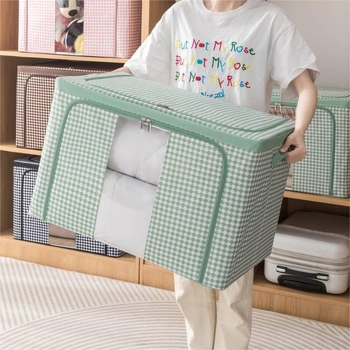 Sklopiva kutija za pohranu od tekstila s uzorkom houndstooth, metalni okvir i ručka, Oxford platno, dimenzije 47×28×19 cm