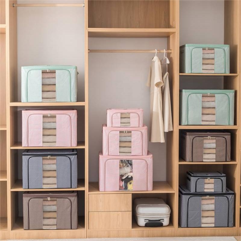 Sklopiva kutija za pohranu od tekstila s uzorkom houndstooth, metalni okvir i ručka, Oxford platno, dimenzije 47×28×19 cm