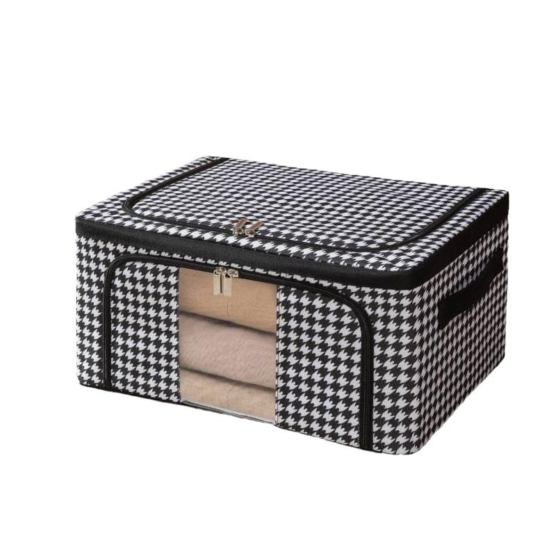 Sklopiva kutija za pohranu od tekstila s uzorkom houndstooth, metalni okvir i ručka, Oxford platno, dimenzije 47×28×19 cm