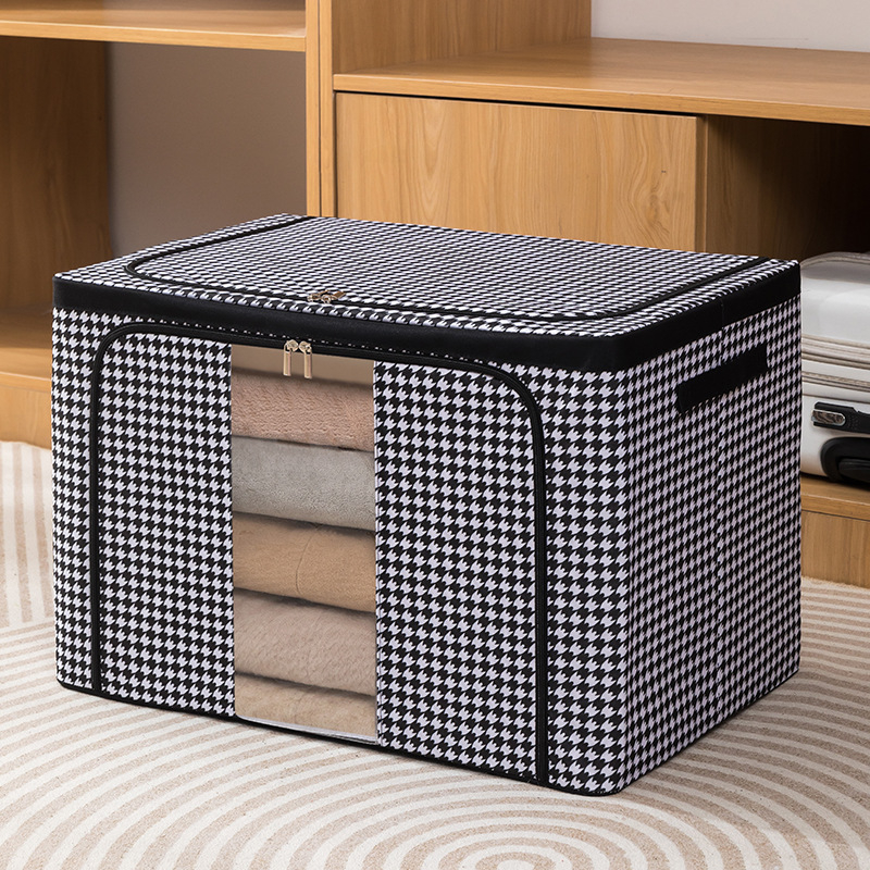 Sklopiva kutija za pohranu od tekstila s uzorkom houndstooth, metalni okvir i ručka, Oxford platno, dimenzije 47×28×19 cm