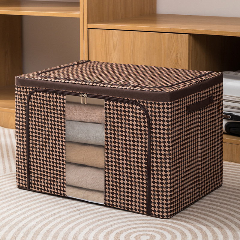 Sklopiva kutija za pohranu od tekstila s uzorkom houndstooth, metalni okvir i ručka, Oxford platno, dimenzije 47×28×19 cm