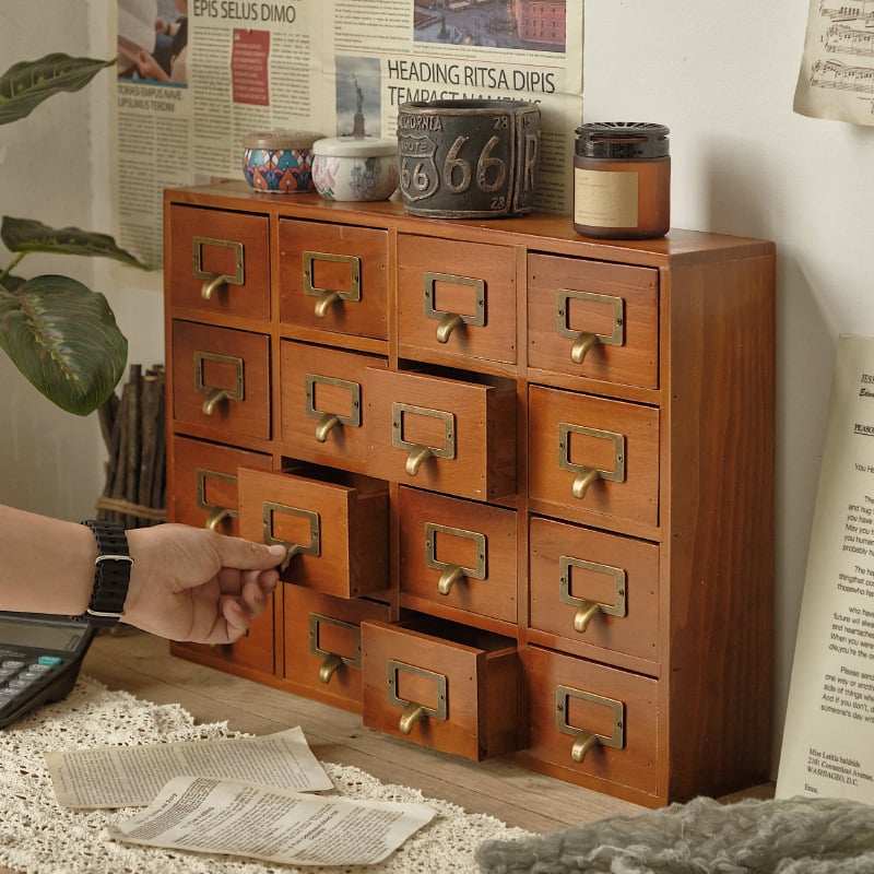 Cutie de depozitare desktop cu 16 compartimente din lemn de pin, model 565, capacitate 18L, stil modern minimalist