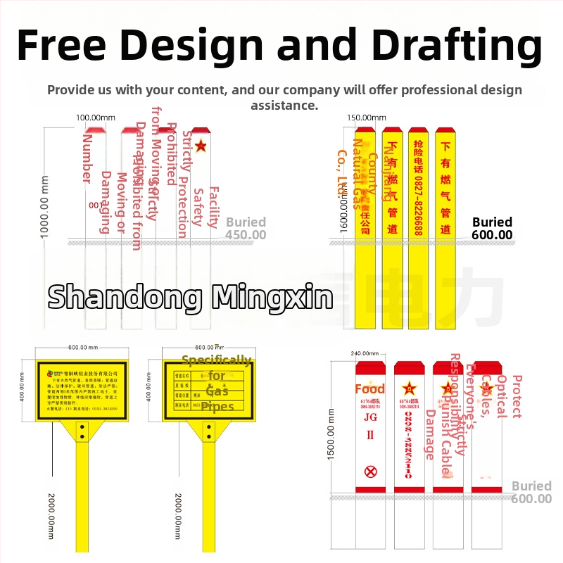 FRP hoiatuspostid gaas- ja naftorajoonidele; PVC veevärgi märgistuse postid; tsementpostid elektri ja side jaoks; helkurfilm klass II; siiditrükk; vormid ruut/ümmargune/kolmnurk; kohandatavad