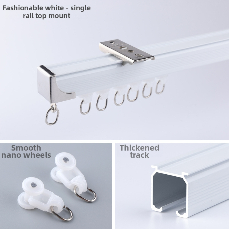 Morant aliuminio užuolaidų bėgis – dvigubas bėgis, viršutinis tvirtinimas, kabliuko tipas, teleskopinis slydimo mechanizmas