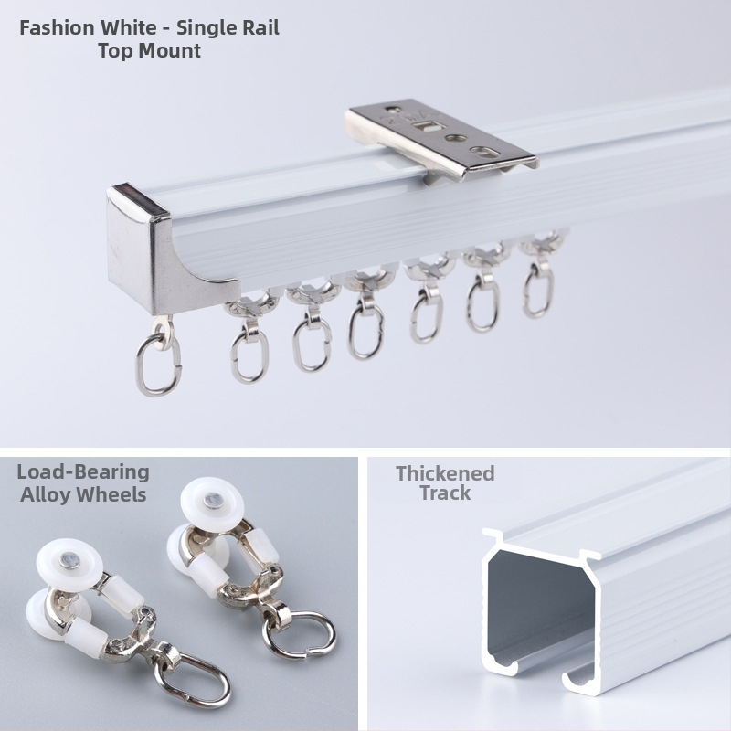 Morant aliuminio užuolaidų bėgis – dvigubas bėgis, viršutinis tvirtinimas, kabliuko tipas, teleskopinis slydimo mechanizmas