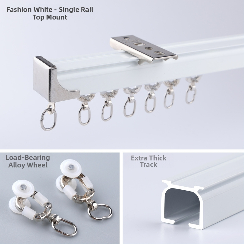 Morant aliuminio užuolaidų bėgis – dvigubas bėgis, viršutinis tvirtinimas, kabliuko tipas, teleskopinis slydimo mechanizmas