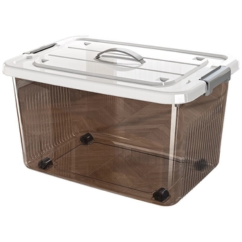 Átlátszó műanyag tárolódoboz kerekekkel, hordozható, kézi hordozás, kattintós zár, kapacitás 40–50 L