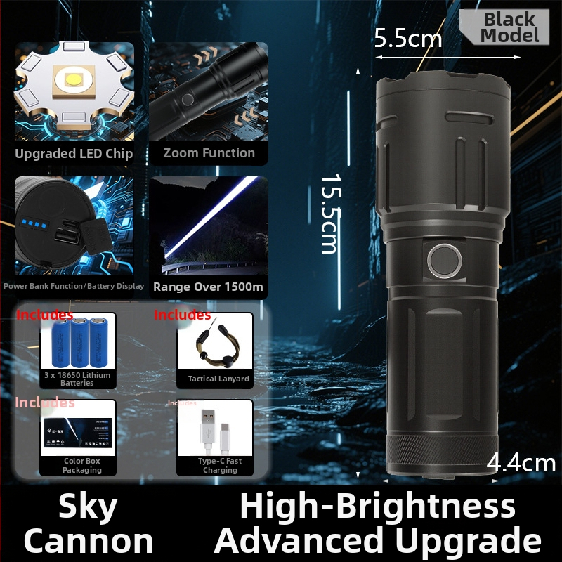 Rankinis LED žibintuvas, 15W, 1500lm, 1000m spindulys, 3x18650 akumuliatorius, IPX4