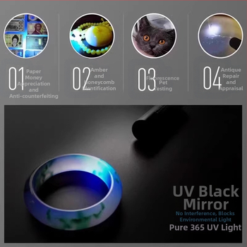UV fluorescenčné detekčné svietidlo na bankovky, šperky a jadeit – ultrafialové a modré svetlo, LED, nabíjateľné, dosah do 50 m, jas pod 100 lm