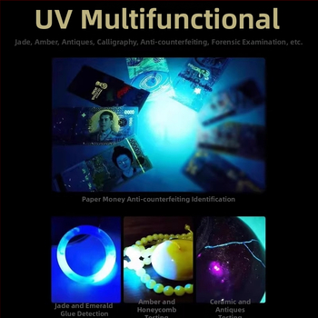 UV fluorescenčné detekčné svietidlo na bankovky, šperky a jadeit – ultrafialové a modré svetlo, LED, nabíjateľné, dosah do 50 m, jas pod 100 lm