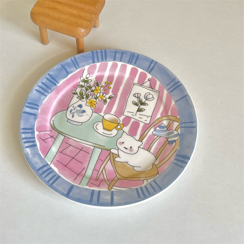 Keraminė apvali lėkštė su karikatūrų raštu, glazūruotas paviršius, mikrobangų krosnelė tinkama