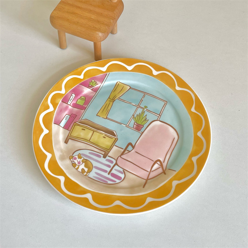 Keraminė apvali lėkštė su karikatūrų raštu, glazūruotas paviršius, mikrobangų krosnelė tinkama