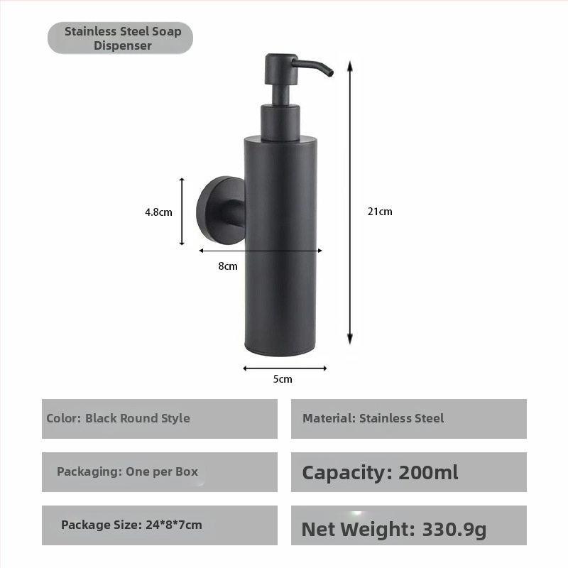 Nerūdijančio plieno muilo dozatorius, sieninis tvirtinimas, rankinis spaudimas, poliruotas paviršius, šiuolaikiškas minimalistinis stilius