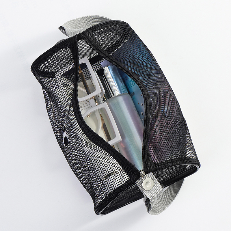 Geantă cosmetică cilindrică din plasă, cu curea crossbody, pentru plajă și piscină, cu spațiu mare pentru depozitare cosmetice și gustări