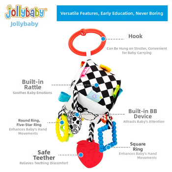 Pakabinamas žaislas vežimėliui su dantų dygimo žaislu, zvoneliu, skaičiais ir raidėmis ankstyvajai mokslui, audinys, kūdikiams 0–3 metų