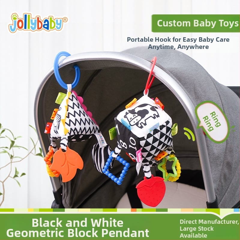 Pakabinamas žaislas vežimėliui su dantų dygimo žaislu, zvoneliu, skaičiais ir raidėmis ankstyvajai mokslui, audinys, kūdikiams 0–3 metų