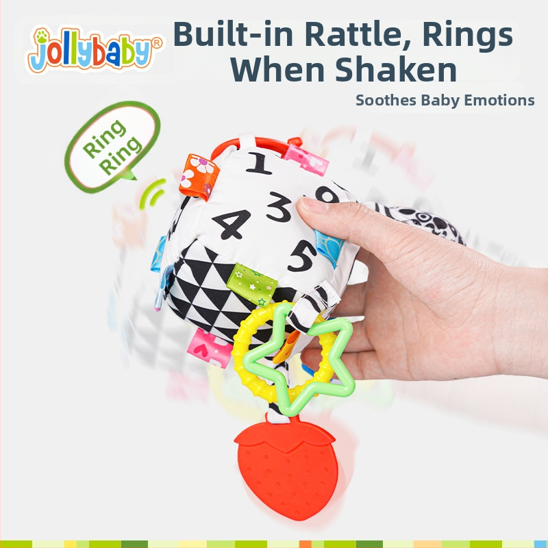 Pakabinamas žaislas vežimėliui su dantų dygimo žaislu, zvoneliu, skaičiais ir raidėmis ankstyvajai mokslui, audinys, kūdikiams 0–3 metų
