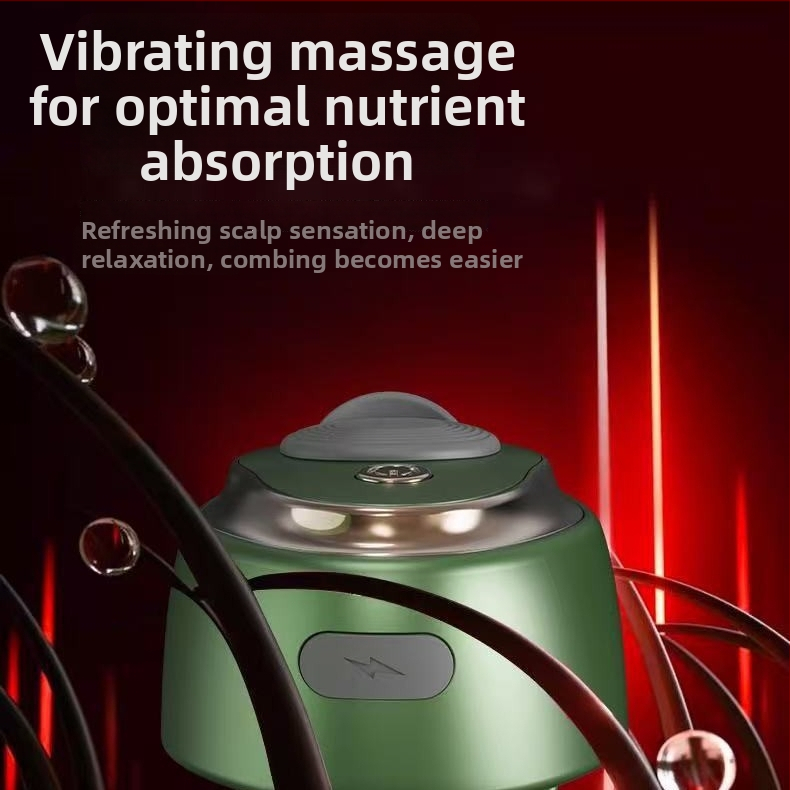 Elektriskais matu aplikators ar rolējošu bumbiņu ēteriskajam eļļām galvas ādai, modelis 665, svars 35–40 g, izmēri 7.8 × 5.6 × 5.2 cm, darbība: eļļas kontrole, pret blaugām, pret niezēm, galvas ādas nomierināšana