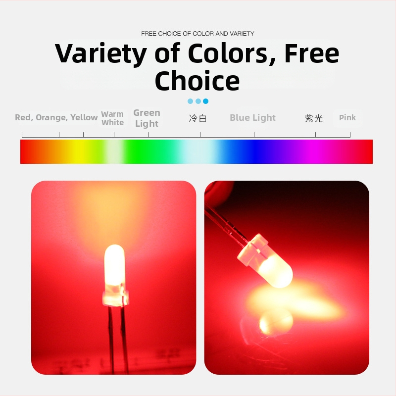 Bead LED de 5 mm cu cap rotund, conector drept, F5, 1.9–2.2 V, 20 mA, 0.06 W, flux luminos 2000–3000, unghi fascicul 30°