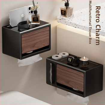 Be gręžimo sieninis popieriaus laikiklis su dangčiu, walnuto medžio tekstūra, atsparus vandeniui, kvadratinio dydžio, medžiaga: anglies plienas + ABS