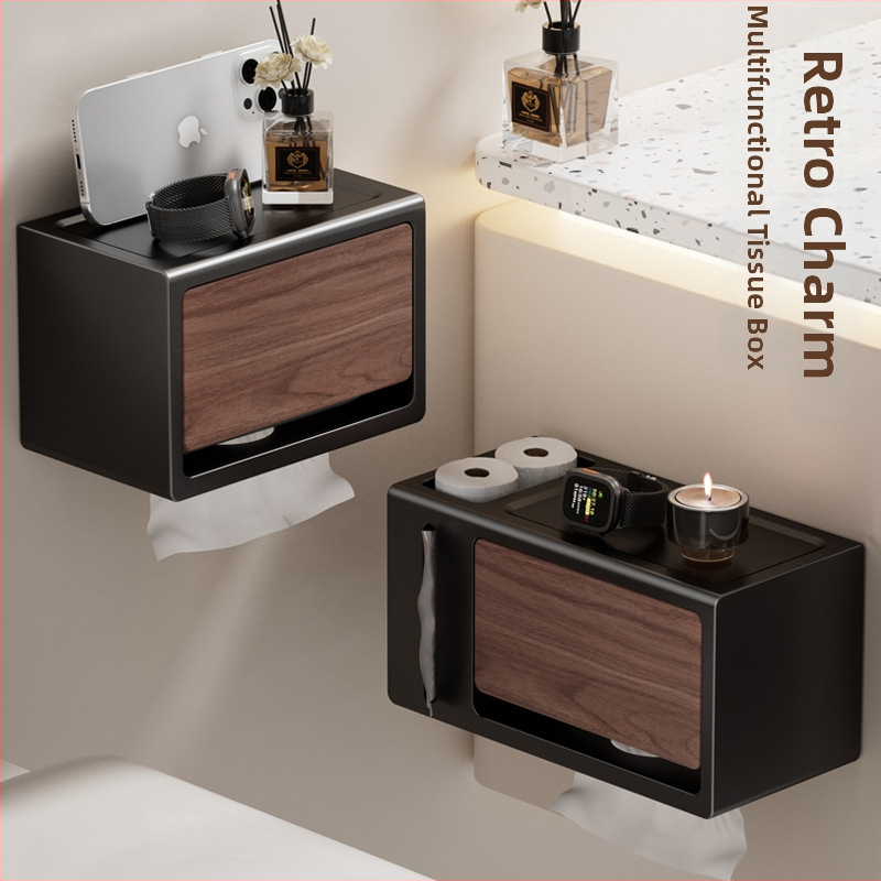 Be gręžimo sieninis popieriaus laikiklis su dangčiu, walnuto medžio tekstūra, atsparus vandeniui, kvadratinio dydžio, medžiaga: anglies plienas + ABS