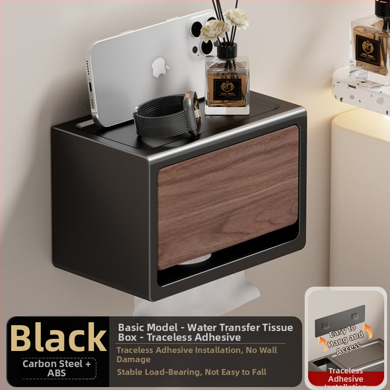 Be gręžimo sieninis popieriaus laikiklis su dangčiu, walnuto medžio tekstūra, atsparus vandeniui, kvadratinio dydžio, medžiaga: anglies plienas + ABS