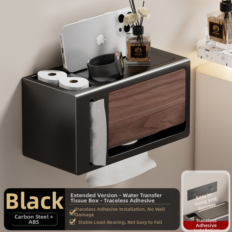 Be gręžimo sieninis popieriaus laikiklis su dangčiu, walnuto medžio tekstūra, atsparus vandeniui, kvadratinio dydžio, medžiaga: anglies plienas + ABS