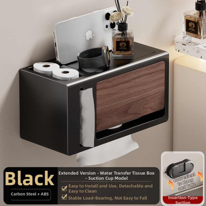 Be gręžimo sieninis popieriaus laikiklis su dangčiu, walnuto medžio tekstūra, atsparus vandeniui, kvadratinio dydžio, medžiaga: anglies plienas + ABS