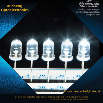 F5 įstatomas LED indikatorius, aukšto ryškumo LED, apvalios galvutės, 2.8–3.0 V, 20 mA, 0.06 W, šviesos sklaidos kampas 15–20°, šviesos efektyvumas 90