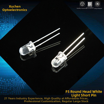 F5 įstatomas LED indikatorius, aukšto ryškumo LED, apvalios galvutės, 2.8–3.0 V, 20 mA, 0.06 W, šviesos sklaidos kampas 15–20°, šviesos efektyvumas 90