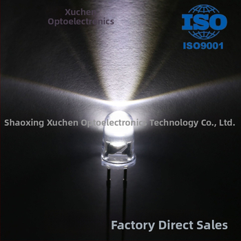 F5 įstatomas LED indikatorius, aukšto ryškumo LED, apvalios galvutės, 2.8–3.0 V, 20 mA, 0.06 W, šviesos sklaidos kampas 15–20°, šviesos efektyvumas 90