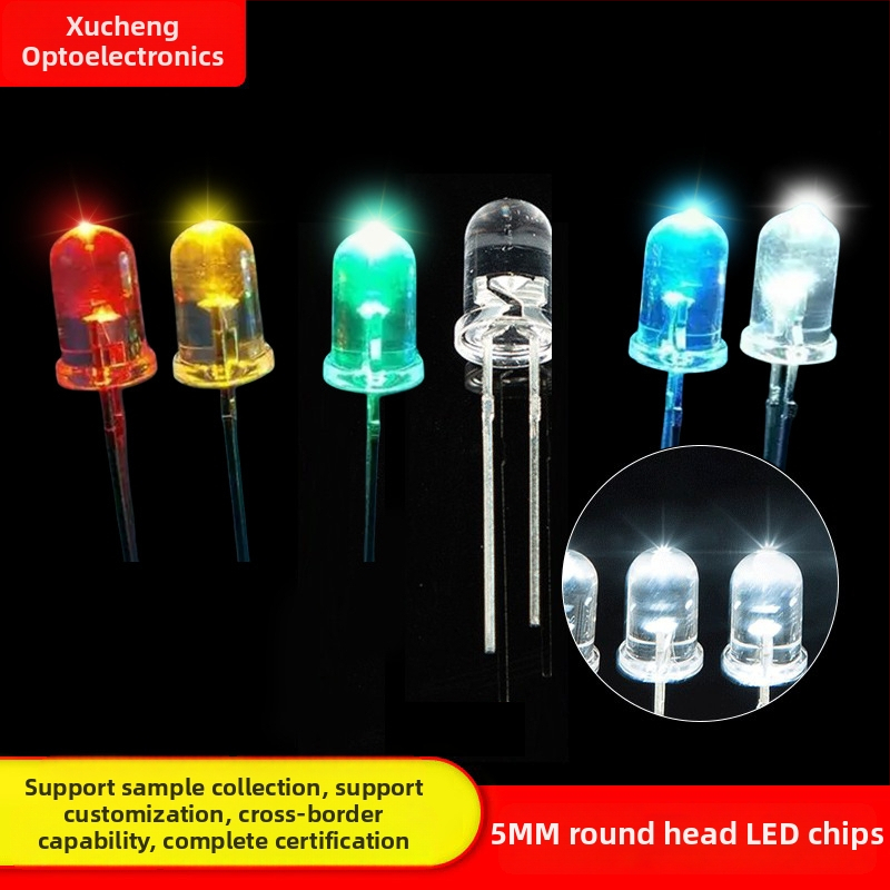 F5 plug-in LED indikatoru, augsta spilgtuma LED, apaļā galva, 2.8–3.0 V, 20 mA, 0.06 W, gaismas starojuma leņķis 15–20°, gaismas efektivitāte 90