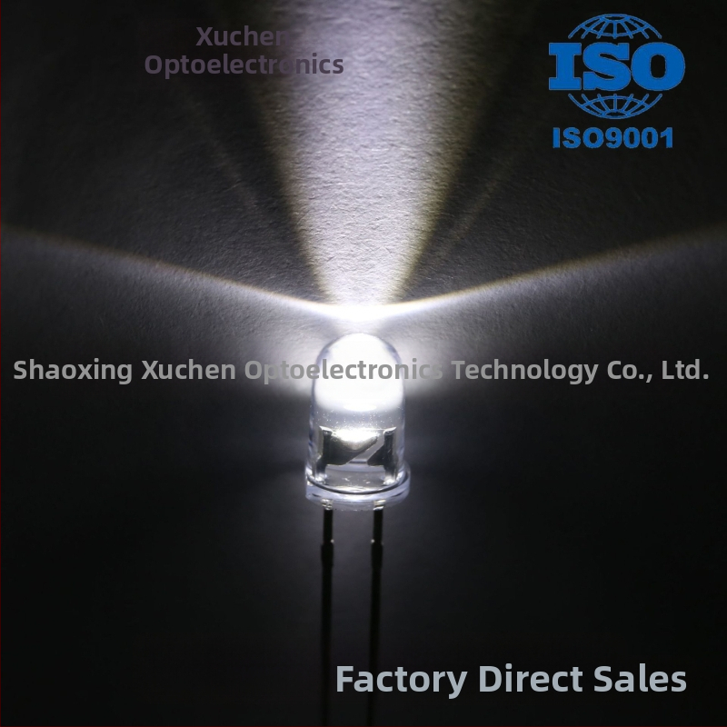 F5 plug-in LED indikatoru, augsta spilgtuma LED, apaļā galva, 2.8–3.0 V, 20 mA, 0.06 W, gaismas starojuma leņķis 15–20°, gaismas efektivitāte 90