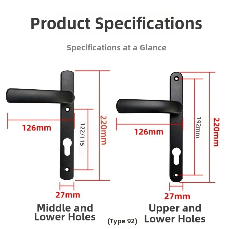 Alumīnija sakausējuma balkona durvju rokturis ar slēdzeni, modelis Plastic-Steel, 85/92 tipa vienpunkta slēdzene, piemērots guļamistabas/balkona stikla durvīm