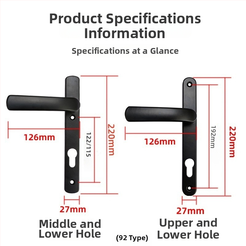 Alumīnija sakausējuma balkona durvju rokturis ar slēdzeni, modelis Plastic-Steel, 85/92 tipa vienpunkta slēdzene, piemērots guļamistabas/balkona stikla durvīm