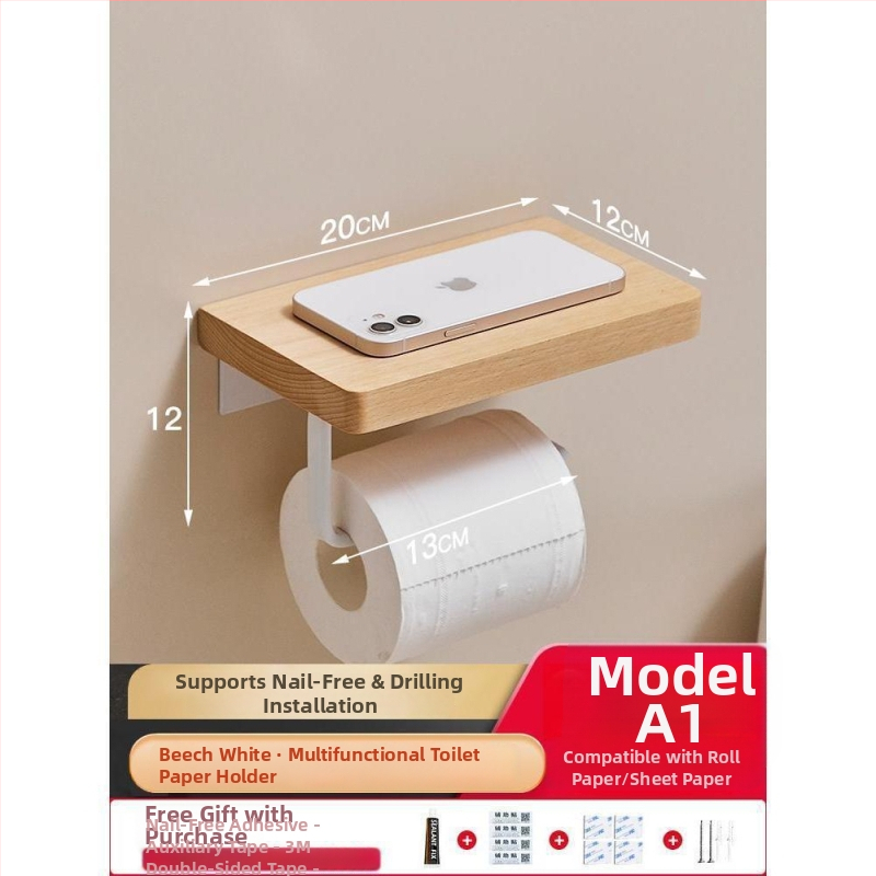 Sieninis tualeto popieriaus laikiklis ir dėžutė – be gręžimo, kvadratinis dizainas, šviesus prabangos stilius, medžiaga: medis ir aliuminis