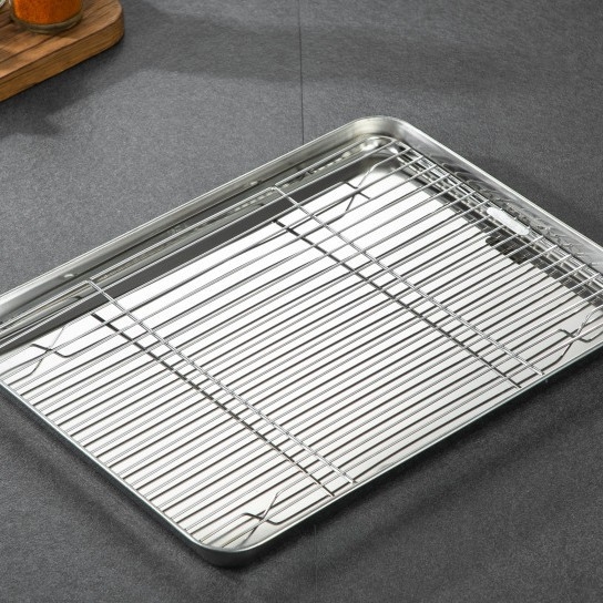 Nerūdijančio plieno kvadratinė kepimo skarda su integruota aušimo grotelė – 304 klasės, poliruotas paviršius