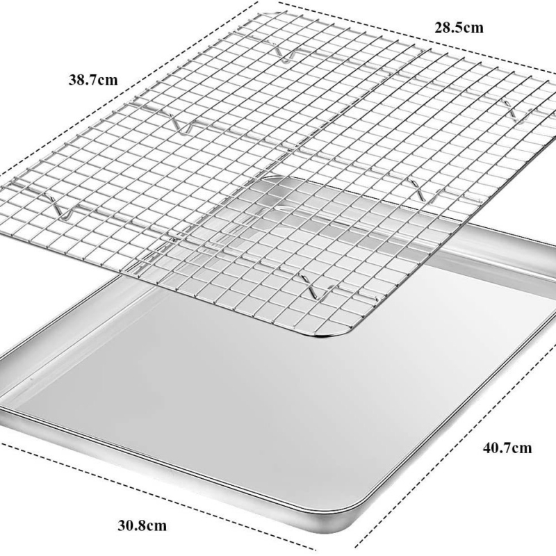 Nerūdijančio plieno kvadratinė kepimo skarda su integruota aušimo grotelė – 304 klasės, poliruotas paviršius
