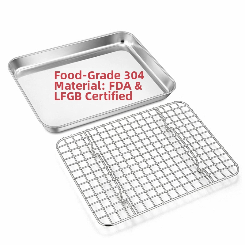 Nerūdijančio plieno kvadratinė kepimo skarda su integruota aušimo grotelė – 304 klasės, poliruotas paviršius