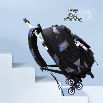 Nailoninė mokyklinė kuprinė su ratuku mokiniams; atspari dėvėjimuisi, apkrovos mažinimas; vienakryptis ratukas; dryžuotas dizainas; modelis 5142#