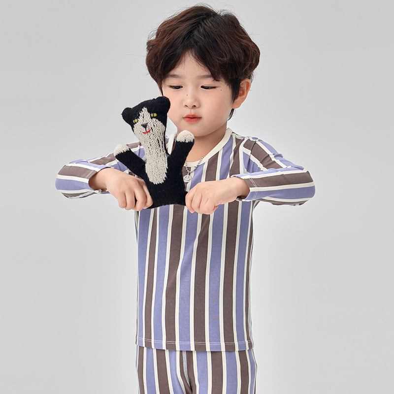 Vaikų pižamų komplektas iš Lycra, šukuotas medvilnės audinys, 95% medvilnė, dryžių ir animacinių piešinių raštas, 3–8 metų amžiaus