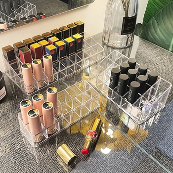 Cutie de depozitare pentru produse cosmetice din acrilic transparent, cu compartimente — organizator de machiaj pe birou, stil modern minimalist