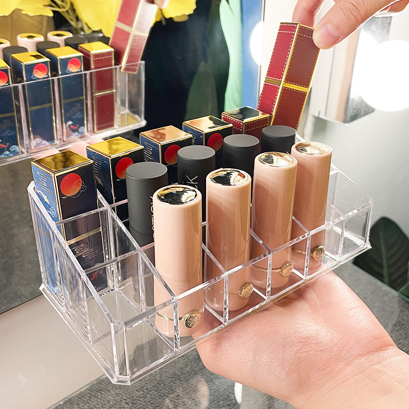 Cutie de depozitare pentru produse cosmetice din acrilic transparent, cu compartimente — organizator de machiaj pe birou, stil modern minimalist