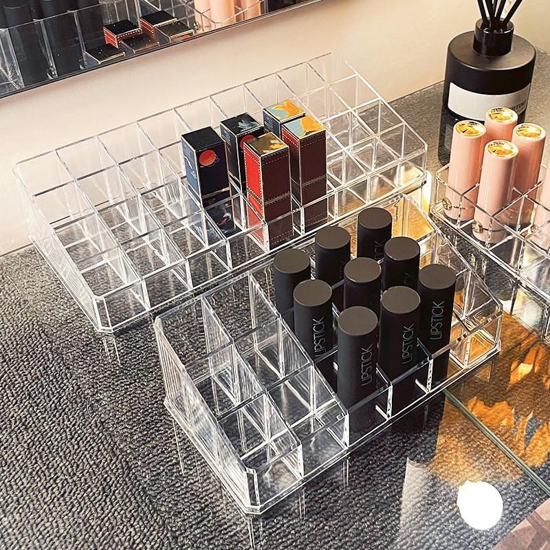 Cutie de depozitare pentru produse cosmetice din acrilic transparent, cu compartimente — organizator de machiaj pe birou, stil modern minimalist