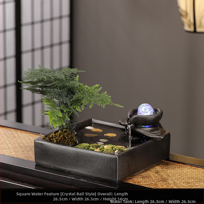 Keraminis stalinis fontanas su tekančiu vandeniu – mini kraštovaizdis, glazūruotas, dažytas, naujo Kinų stiliaus (Medžiaga: keramika; Paviršius: glazūruotas; Dažymas: dažytas; Stilius: Naujo Kinų stilius)