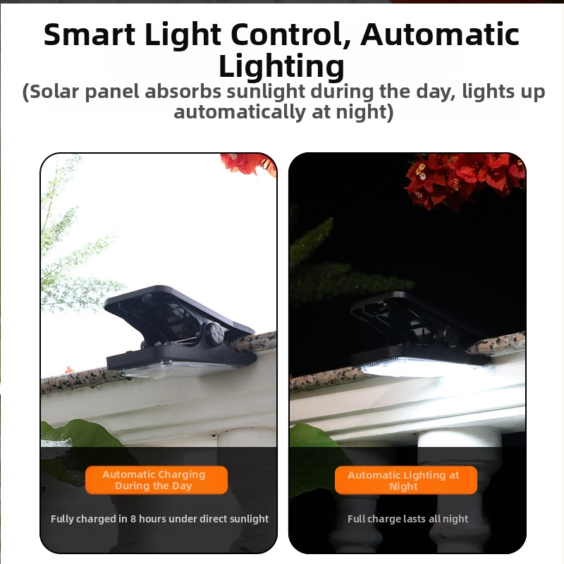 Saulės klipo lemputė su judesio jutikliu, lauko naudojimui – atspari vandeniui sieninė lemputė tvora, balta/šilta šviesa, 5W, 3.7V, 6–12 val. apšvietimas