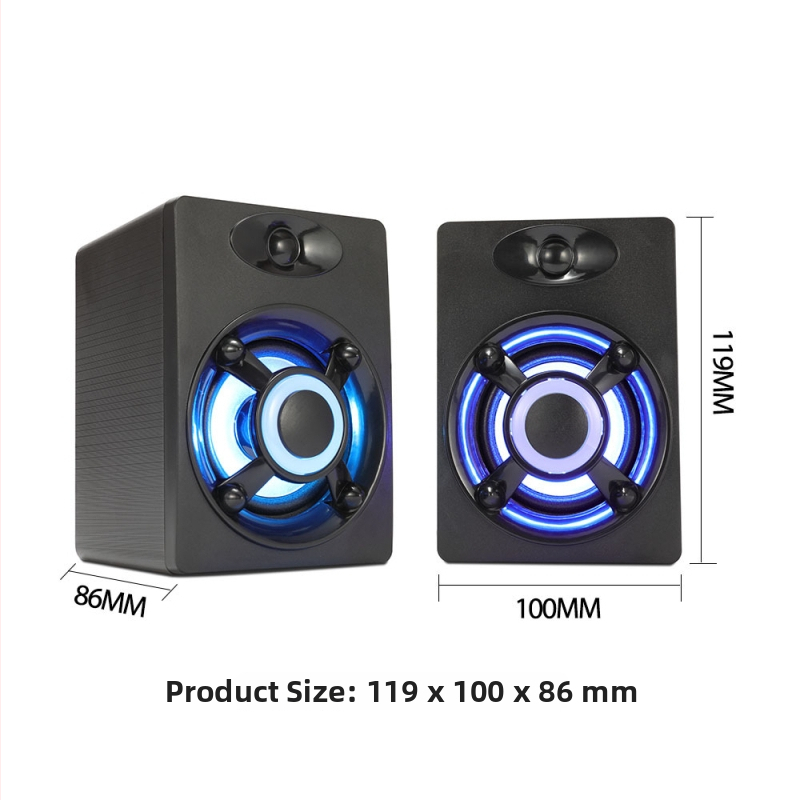 T-WOLF S1 vads USB datoru skaļrunis ar LED apgaismojumu, 2×3W, frekvenču diapazons 40 Hz–20 kHz, USB ievade un 3,5 mm audio savienojums