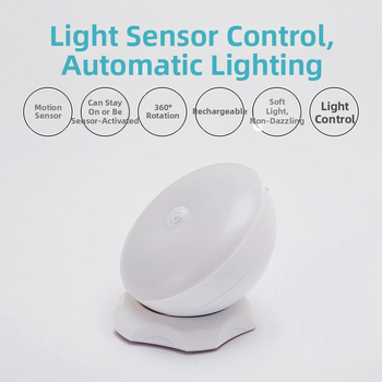 Lumină de noapte LED cu senzor de mișcare, rotire 360°, alimentare cu baterie, întrerupător inductiv, model SNL-1, abajur PC — Corbino