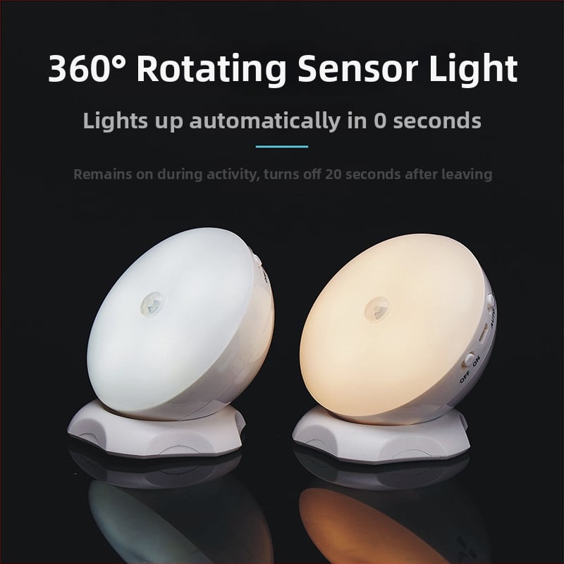 Lumină de noapte LED cu senzor de mișcare, rotire 360°, alimentare cu baterie, întrerupător inductiv, model SNL-1, abajur PC — Corbino